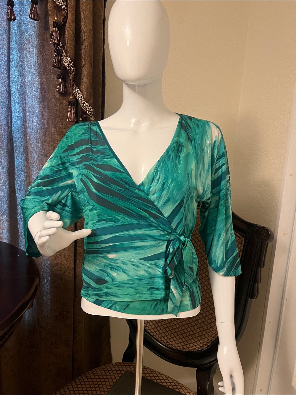 Bebe Green Tropical Abstract Wrap Blouse